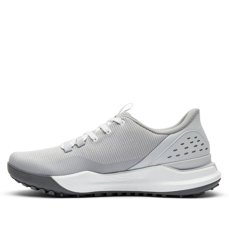 Inner side view of the KURU DRIVE Golf Unisex Golf Shoe in Dove Gray-Bright White.