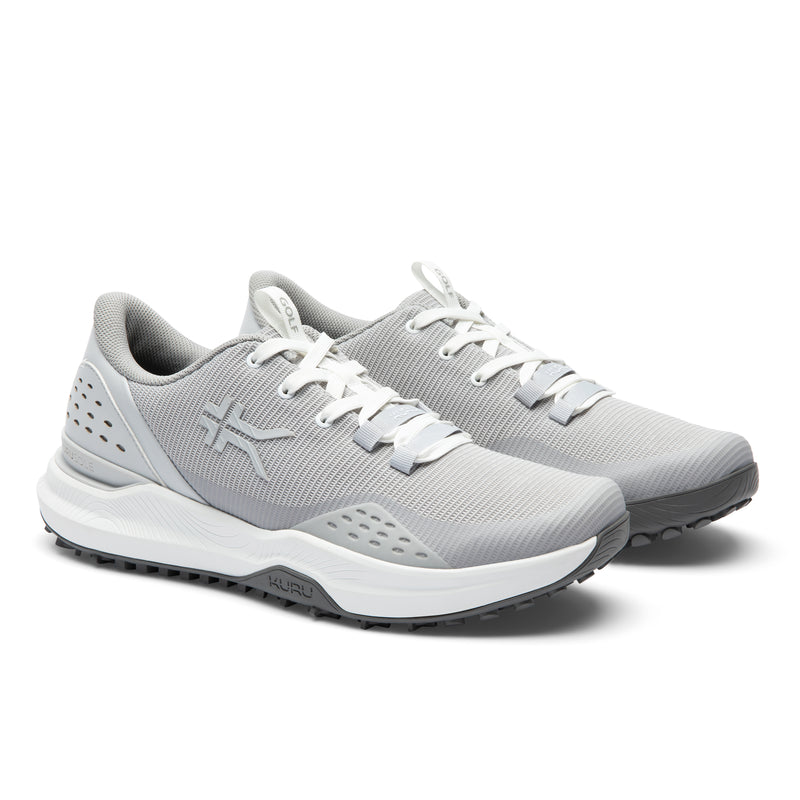 Pair of KURU DRIVE Golf Unisex Golf Shoe in Dove Gray-Bright White, angled view.