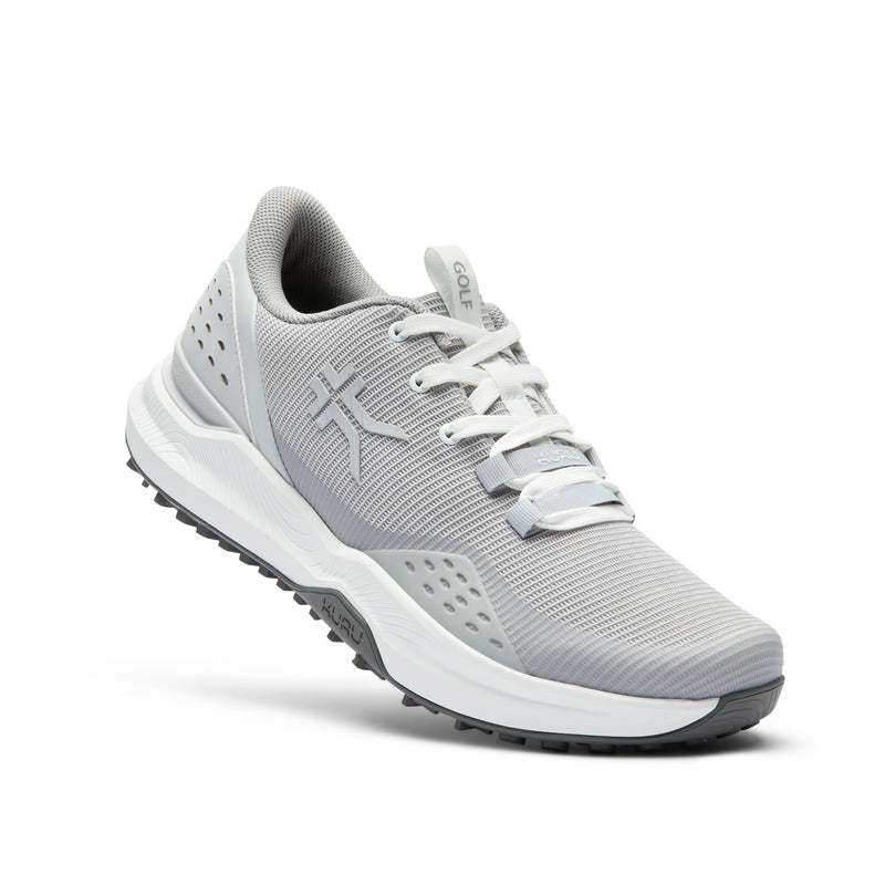 Angled profile view of the KURU DRIVE Golf Unisex Golf Shoe in Dove Gray-Bright White.