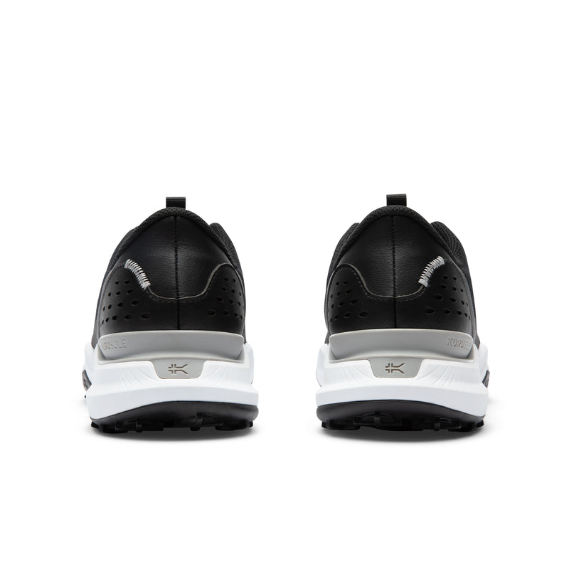 Back heel view of the KURU DRIVE Golf Unisex Golf Shoe in Jet Black-Bright White.