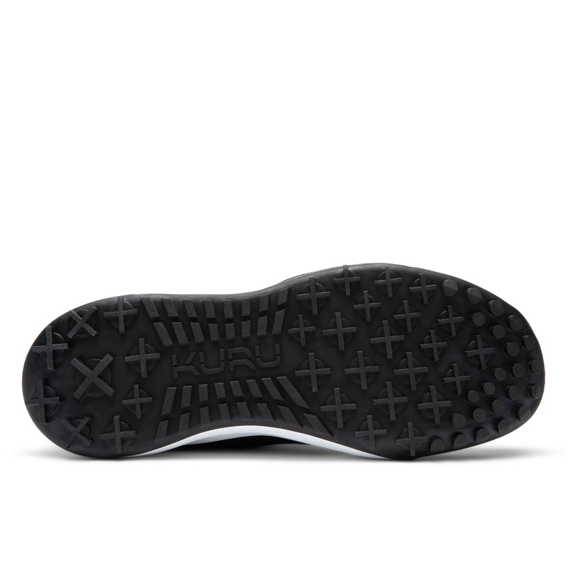 Outsole view of the KURU DRIVE Golf Unisex Golf Shoe in Jet Black-Bright White, showing the KURUSOLE tread.