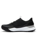 Inner side view of the KURU DRIVE Golf Unisex Golf Shoe in Jet Black-Bright White.