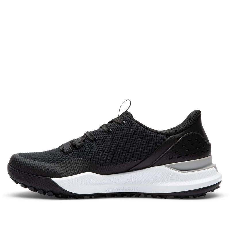 Inner side view of the KURU DRIVE Golf Unisex Golf Shoe in Jet Black-Bright White.
