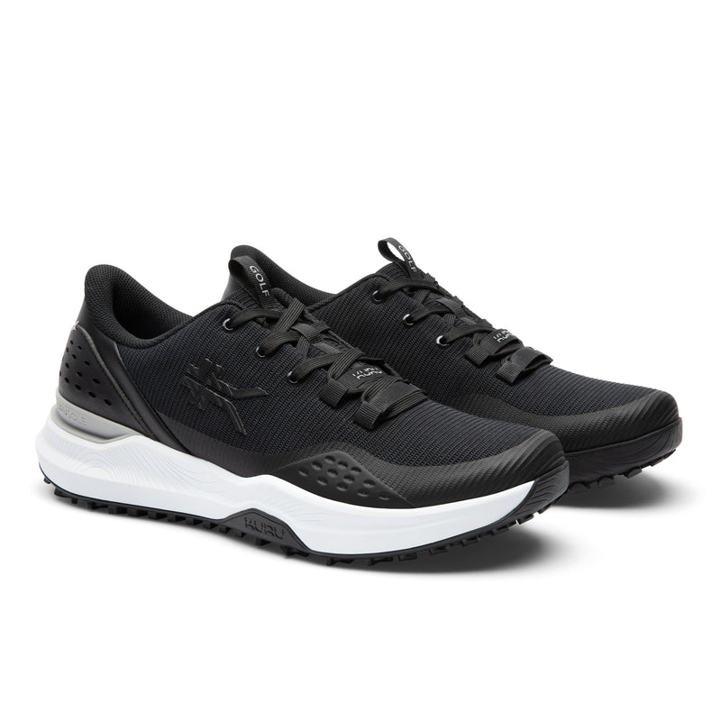 Pair of KURU DRIVE Golf Unisex Golf Shoe in Jet Black-Bright White, angled view.