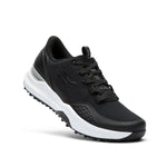 Angled profile view of the KURU DRIVE Golf Unisex Golf Shoe in Jet Black-Bright White.
