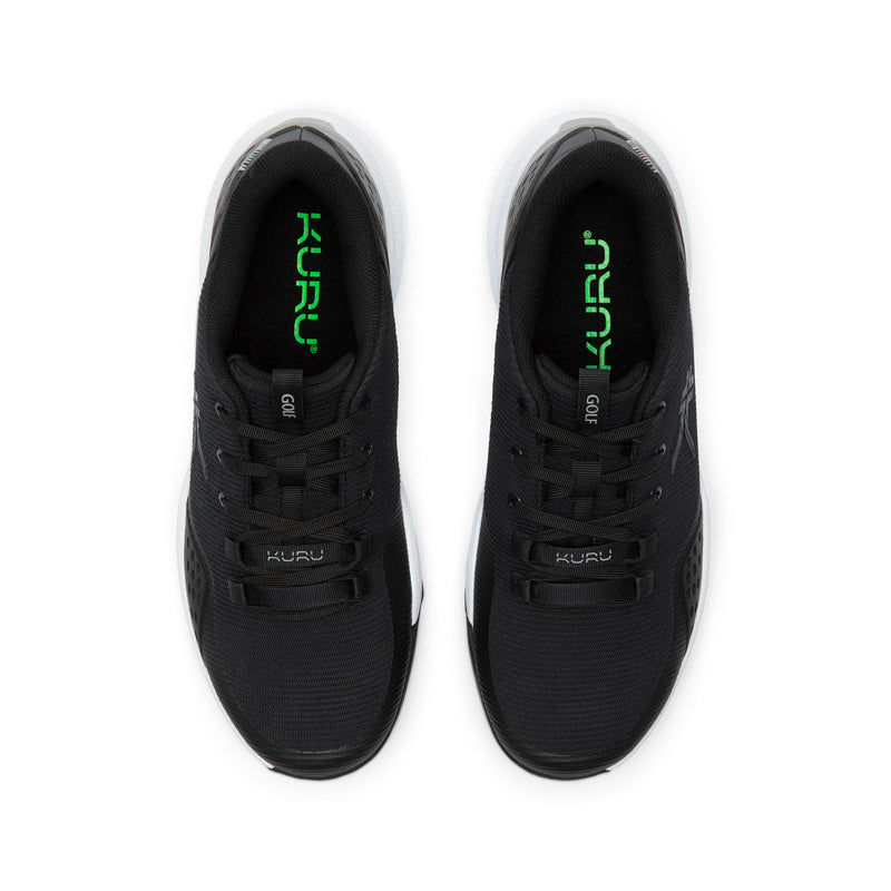Top-down view of the KURU DRIVE Golf Unisex Golf Shoe in Jet Black-Bright White.