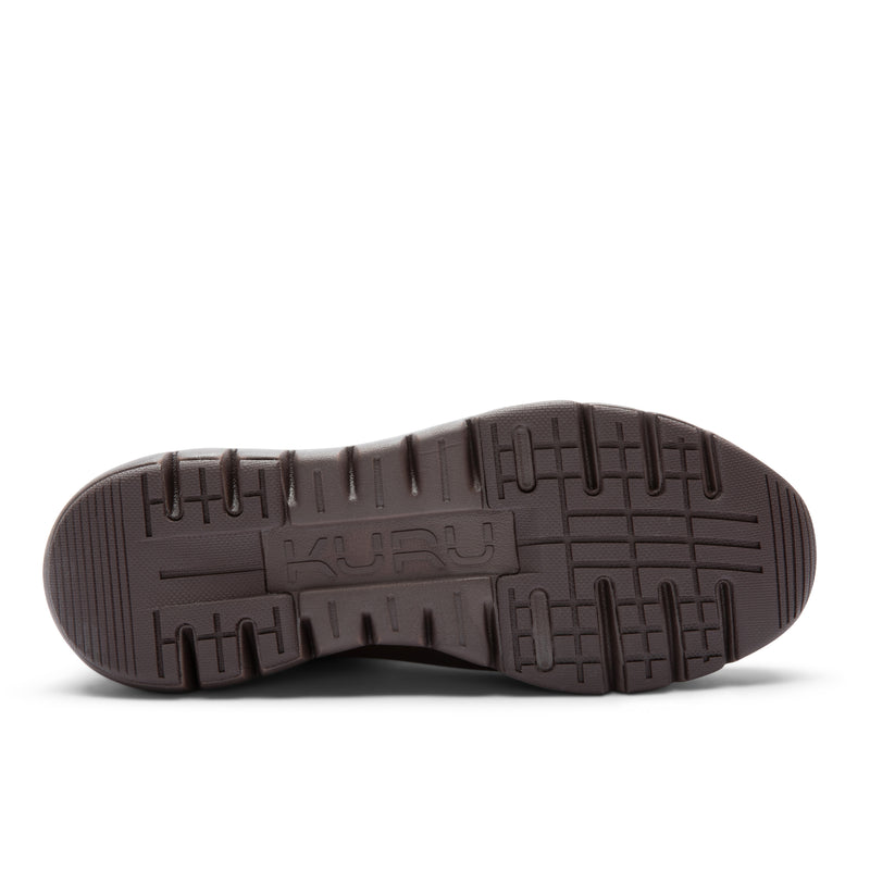 Outsole view of the KURU FLEX Astra Women's Sneaker in Deepchestnutbrown, showing the KURUSOLE tread.