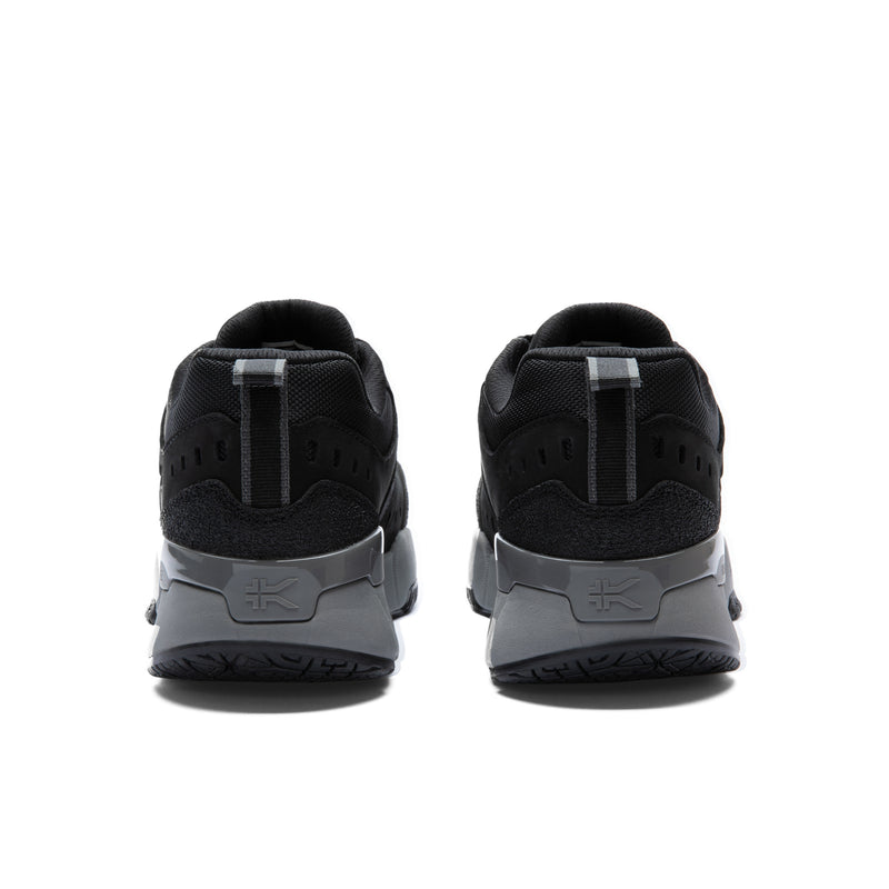 Back heel view of the KURU KOVA Composite Toe Unisex Work Sneaker in Jet Black-Smoke Gray.