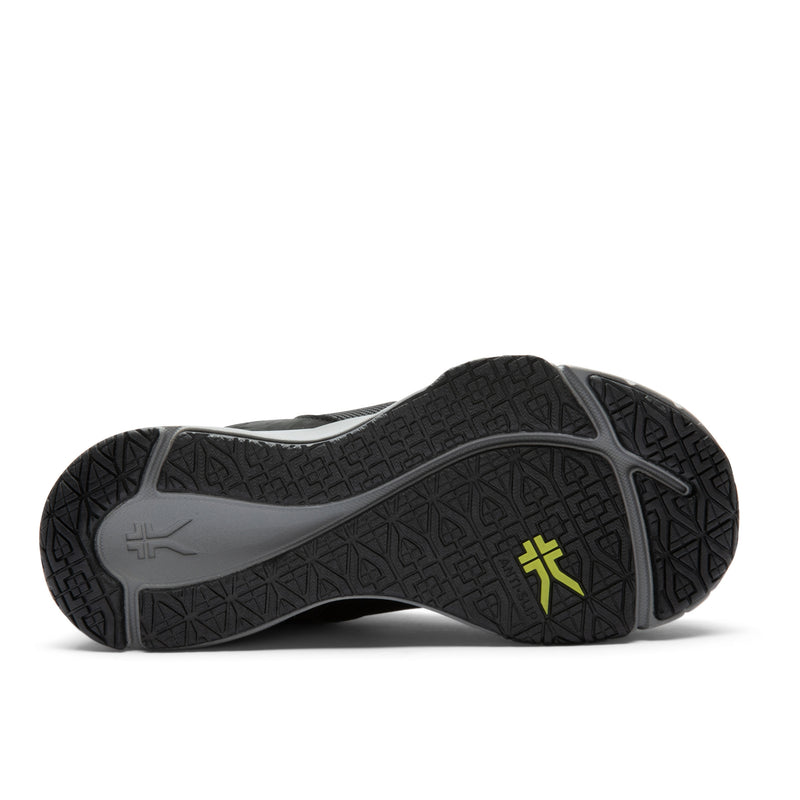 Outsole view of the KURU KOVA Composite Toe Unisex Work Sneaker in Jet Black-Smoke Gray, showing the KURUSOLE tread.