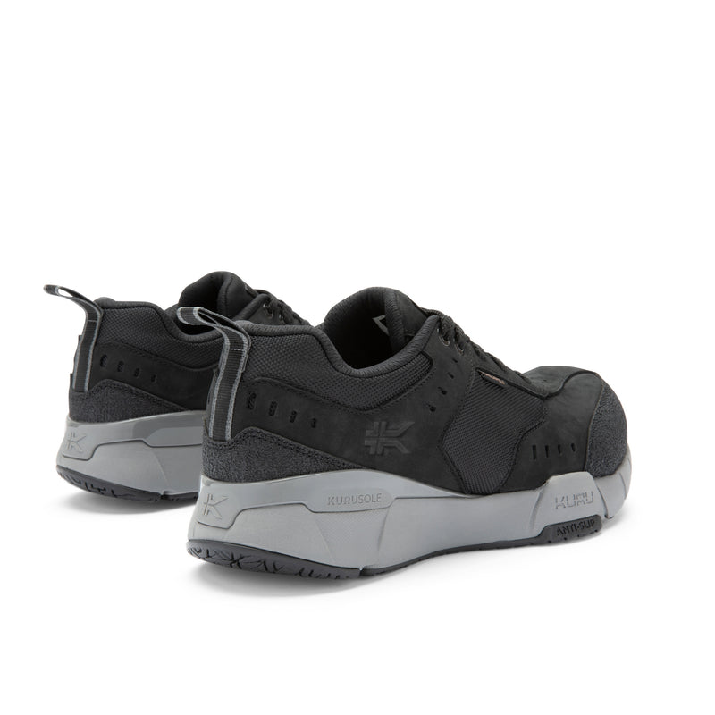 Close-up of the heel cup on the KURU KOVA Composite Toe Unisex Work Sneaker in Jet Black-Smoke Gray.