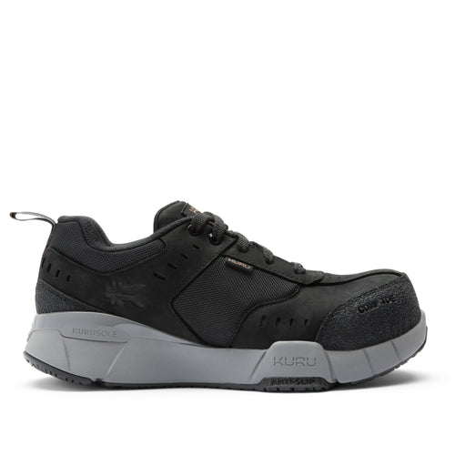 KURU KOVA Composite Toe Unisex Work Sneaker in Jet Black-Smoke Gray.