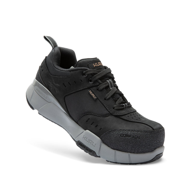 Angled profile view of the KURU KOVA Composite Toe Unisex Work Sneaker in Jet Black-Smoke Gray.
