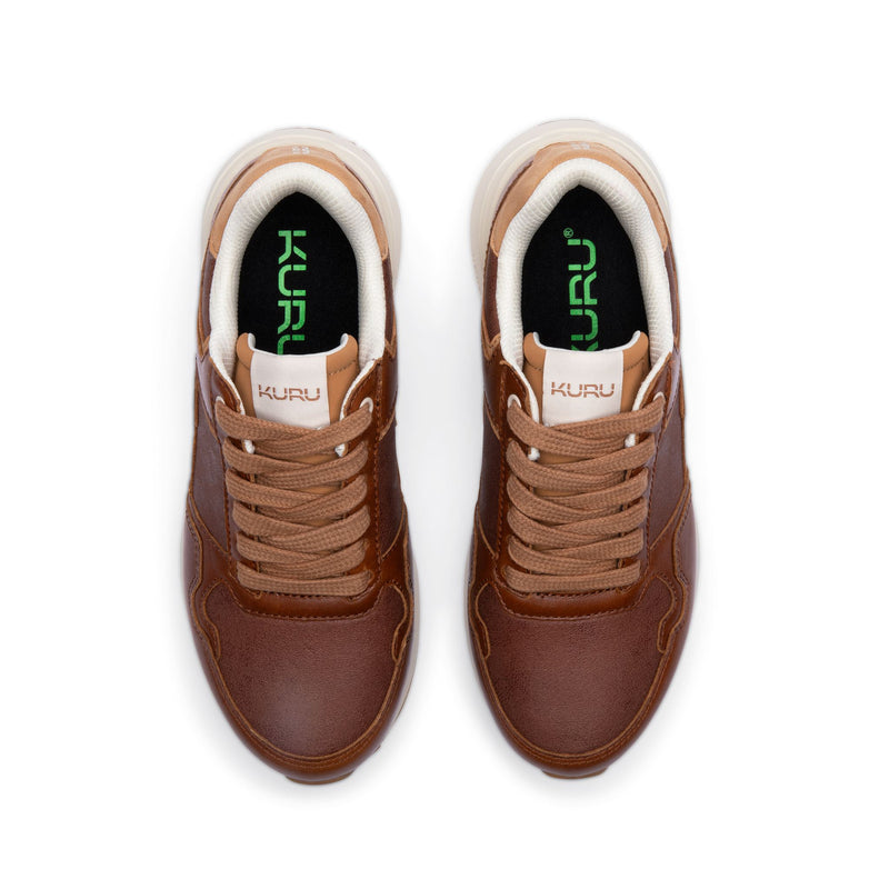 KURU APOGEE Luxe Unisex Leather Sneaker in Cognac Brown-Gum, top-down view.