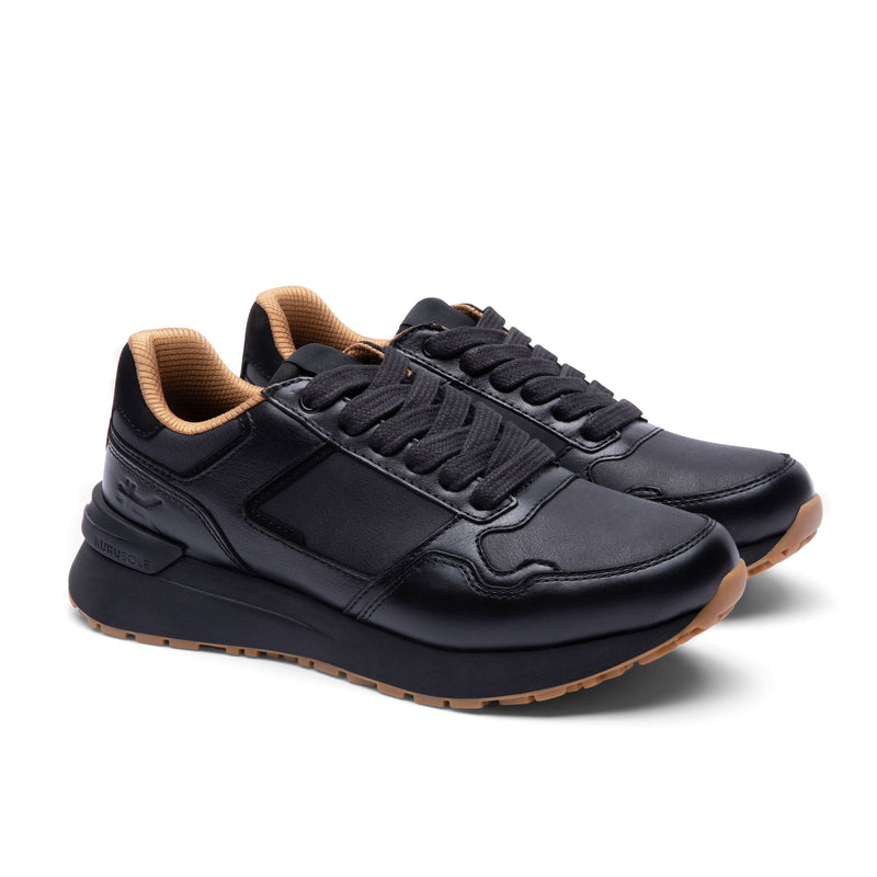 Pair of the KURU APOGEE Luxe Unisex Leather Sneakers in Jet Black-Gum.