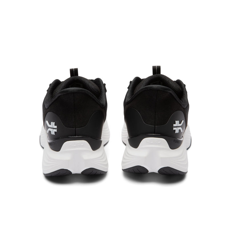 Rear view of the KURU ATOM 2 Men's Athletic Sneaker in Jet Black-Bright White showing KURUSOLE heel cup.