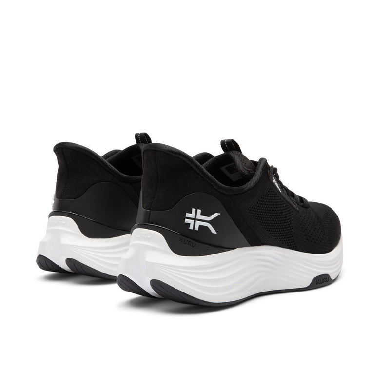 Close-up of the heel cup on the KURU ATOM 2 Men's Athletic Sneaker in Jet Black-Bright White.