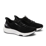 Pair of KURU ATOM 2 Men's Athletic Sneakers in Jet Black-Bright White, lateral view.
