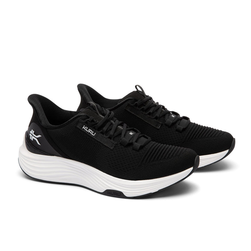 Pair of KURU ATOM 2 Men's Athletic Sneakers in Jet Black-Bright White, lateral view.
