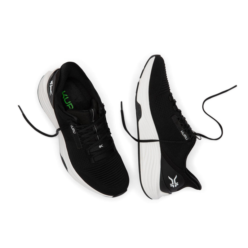 Close-up of the knit upper and lacing system on the KURU ATOM 2 Men's Athletic Sneaker in Jet Black-Bright White.