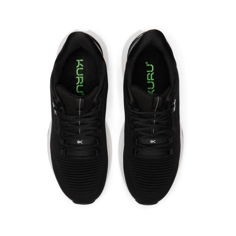 KURU ATOM 2 Men's Athletic Sneaker in Jet Black-Bright White, top-down view showing knit upper and insole.
