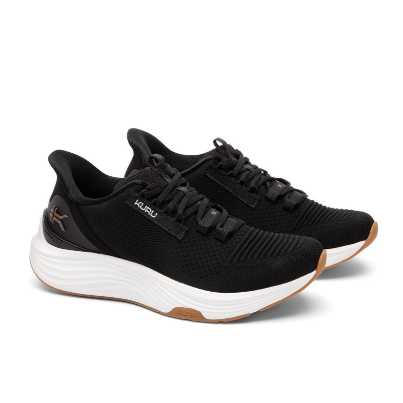 Pair of KURU ATOM 2 Men's Athletic Sneakers in Jet Black-Desert Tan, lateral view.