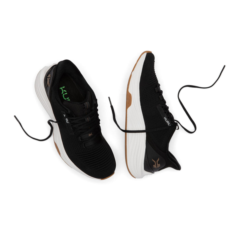 Close-up of the knit upper and lacing system on the KURU ATOM 2 Men's Athletic Sneaker in Jet Black-Desert Tan.
