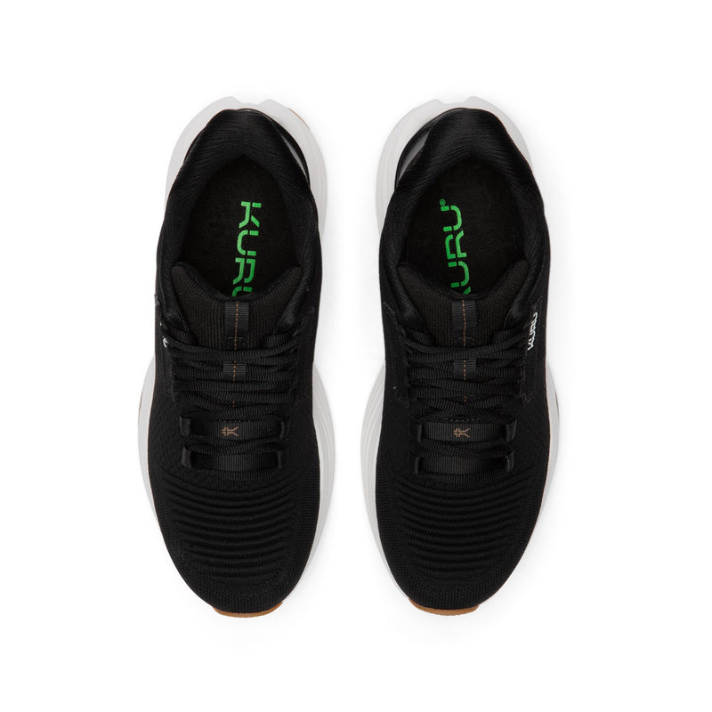 KURU ATOM 2 Men's Athletic Sneaker in Jet Black-Desert Tan, top-down view showing knit upper and insole.
