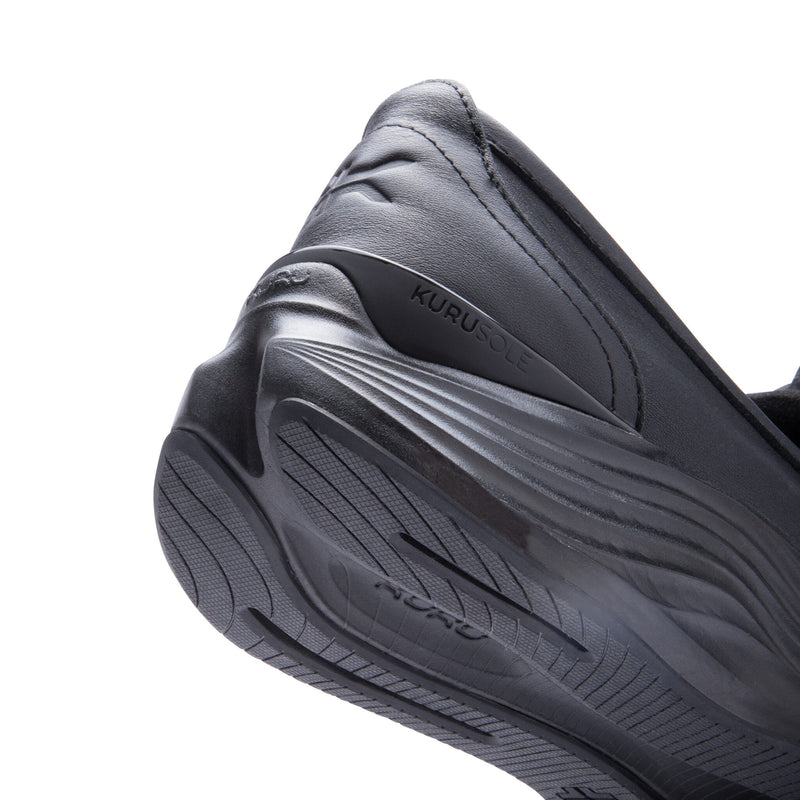 Close-up of the KURUSOLE heel on the KURU ATOM 2 Vella Women's Loafer in Jet Black.