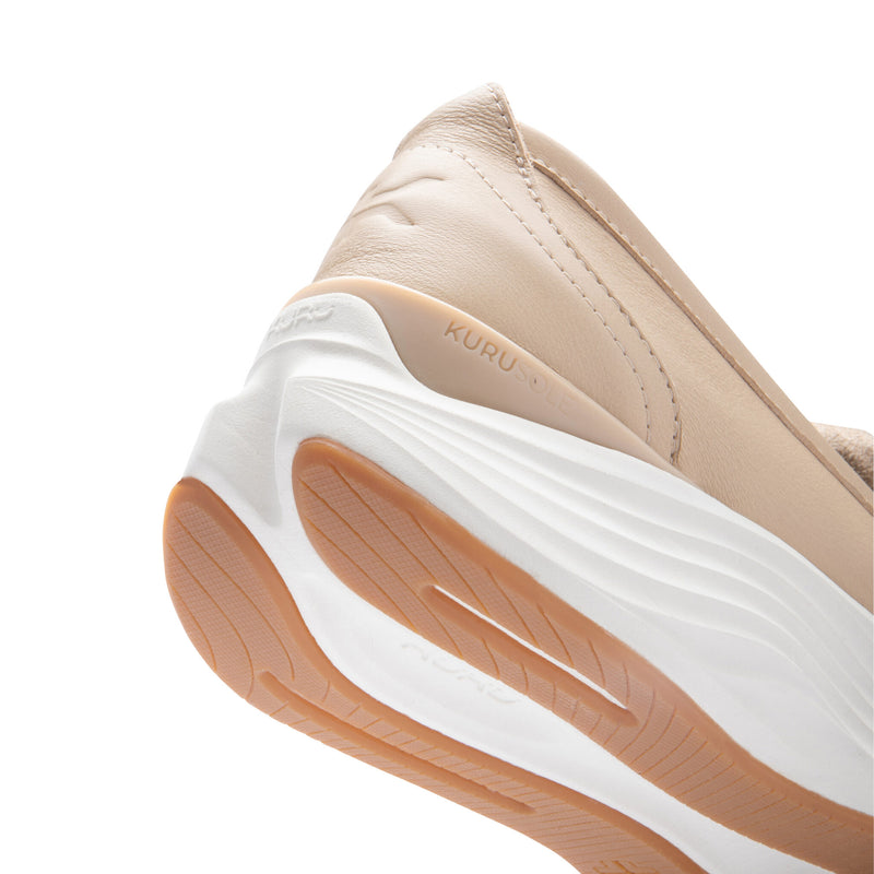 Close-up of the KURUSOLE heel on the KURU ATOM 2 Vella Women's Loafer in Sand-Ecru.