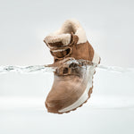 Pair of KURU ATOM Lumi Women's Boot in Chestnut Brown-Buff, angled view.