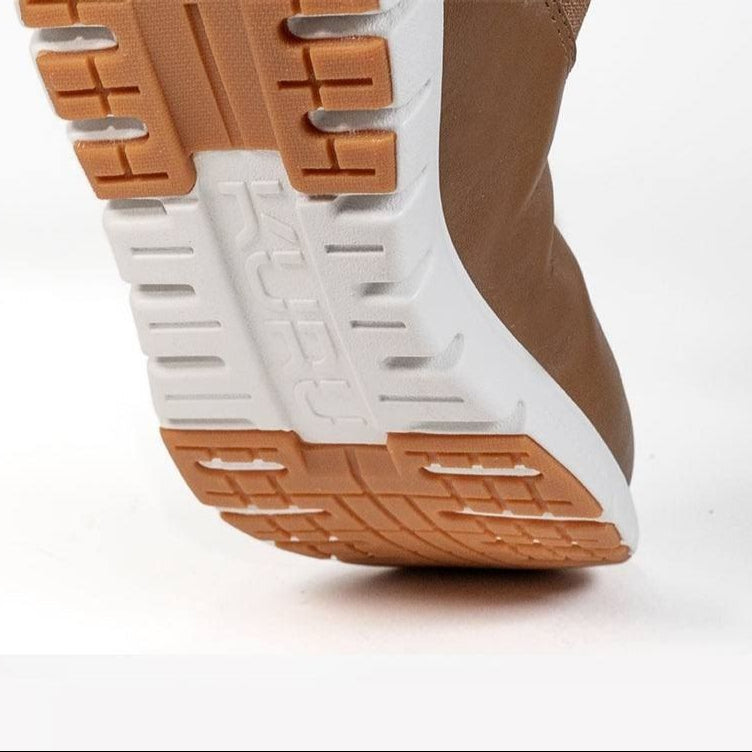 Back heel view of the KURU FLEX Astra Women's Boot in Chestnut Brown-White.