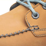Close-up of the upper material on the KURU QUEST Women's Boot in Golden Wheat-Slate Gray-Blue Haze.