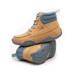 Back heel view of the KURU QUEST Women's Boot in Golden Wheat-Slate Gray-Blue Haze.