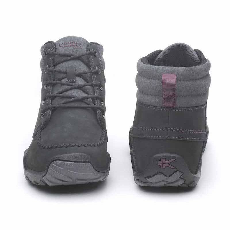 Back heel view of the KURU QUEST Women's Boot in Jet Black-Basalt-Fig Purple.