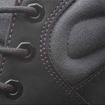Pair of KURU QUEST Women's Boot in Jet Black-Basalt-Fig Purple, angled view.