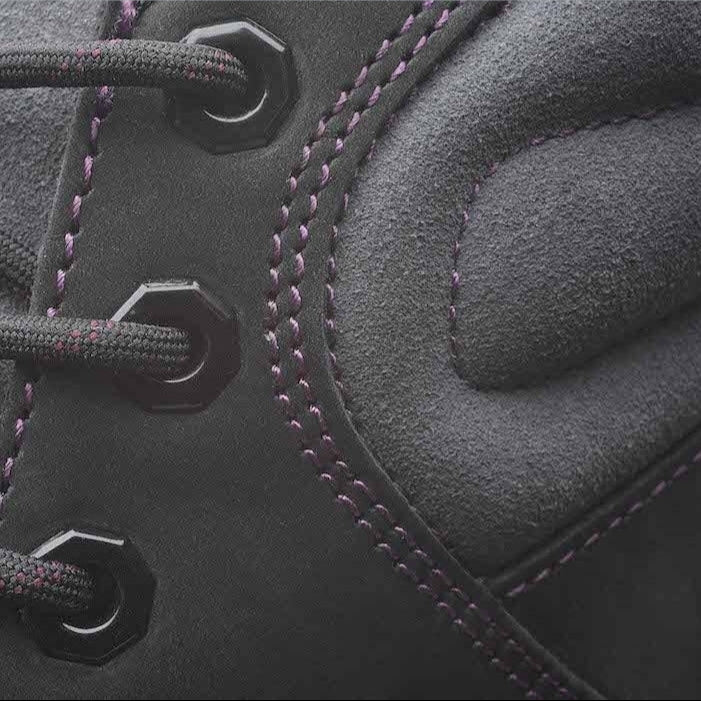 Pair of KURU QUEST Women's Boot in Jet Black-Basalt-Fig Purple, angled view.