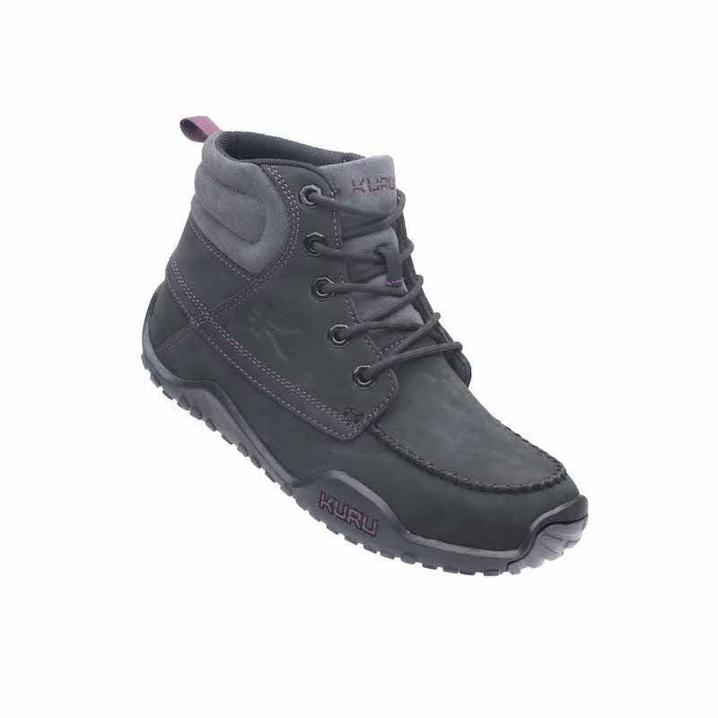 Angled profile view of the KURU QUEST Women's Boot in Jet Black-Basalt-Fig Purple.