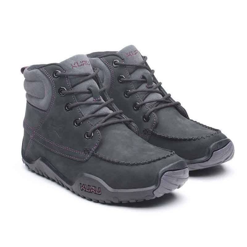 Pair of KURU QUEST Women's Boot in Jet Black-Basalt-Fig Purple, angled view.
