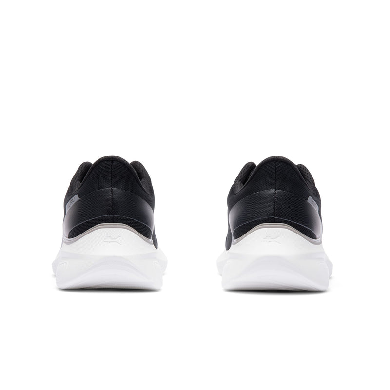 Rear view of the heel on the KURU DASH Vanta Unisex Athletic Sneaker in Jet Black-Bright White.