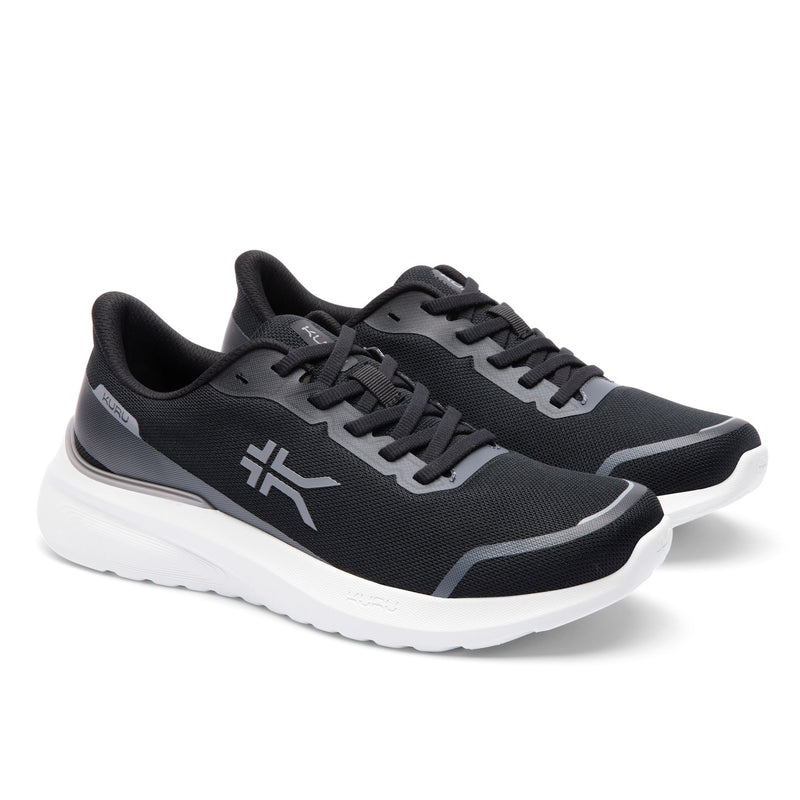 Pair of the KURU DASH Vanta Unisex Athletic Sneakers in Jet Black-Bright White.