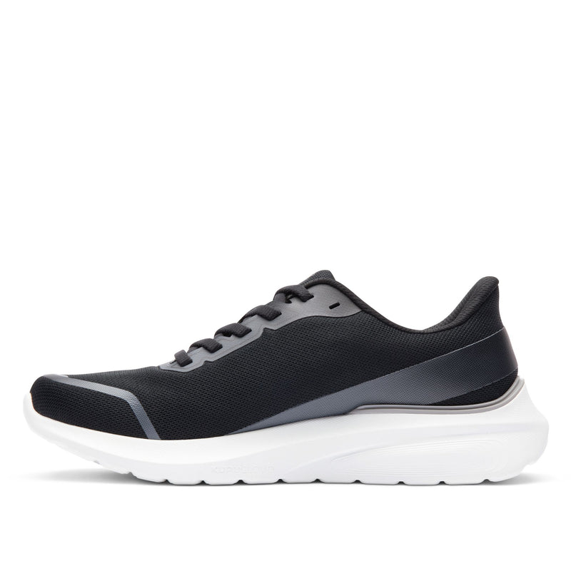KURU DASH Vanta Unisex Athletic Sneaker in Jet Black-Bright White, inner side profile.