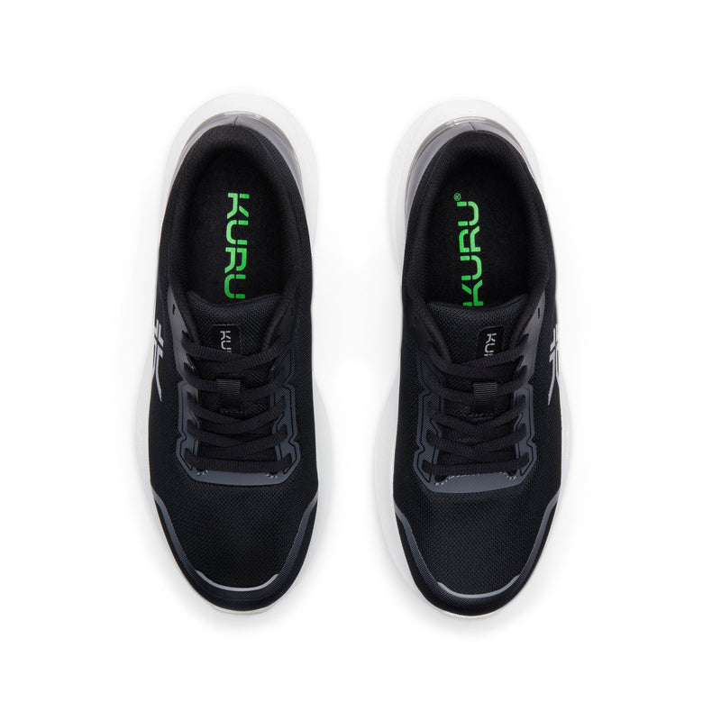 KURU DASH Vanta Unisex Athletic Sneaker in Jet Black-Bright White, top-down view.