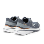 Close-up of the heel on the KURU DASH Vanta Unisex Athletic Sneaker in Smoke Gray-Toffee Brown.
