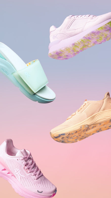 Four KURU shoes in pastel colorways floating against a pink-to-lavender gradient, showcasing the spring collection.