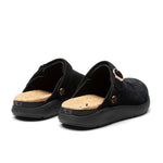 Rear view of KURU MOMENT Ease Women's Clogs in Jet Black showing cork insoles.