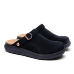 Pair of KURU MOMENT Ease Women's Clogs in Jet Black, angled view.