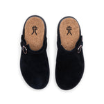 Top-down view of KURU MOMENT Ease Women's Clogs in Jet Black with cork insoles.