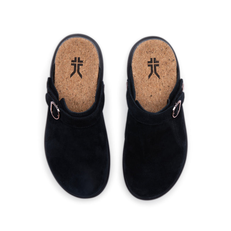 Top-down view of KURU MOMENT Ease Women's Clogs in Jet Black with cork insoles.