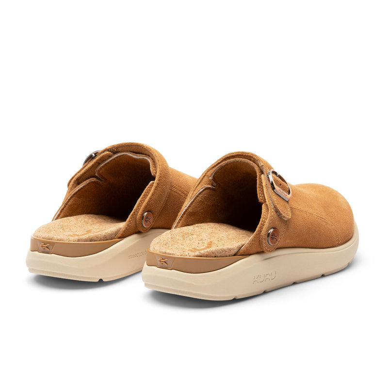 Rear view of KURU MOMENT Ease Women's Clogs in Toffee Brown-Sand showing cork insoles.