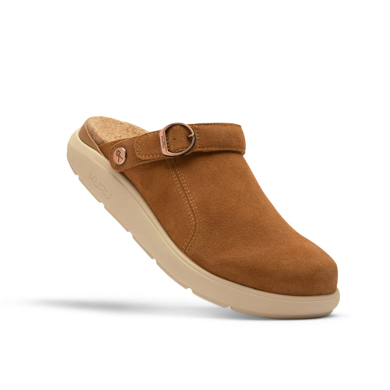 KURU MOMENT Ease Women's Clog in Toffee Brown-Sand, angled side view.
